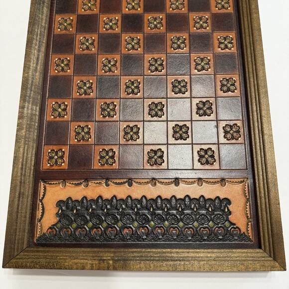 Vintage Chess Board Hand Tooled And Dyed Leather Wood Frame 11”x17” Wall Hanging - Picture 2 of 10